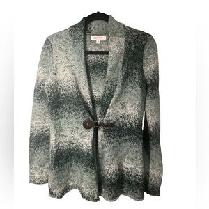 ELLEN TRACY Size M Wool Blend Green & White Cardigan with Front Leather Closure